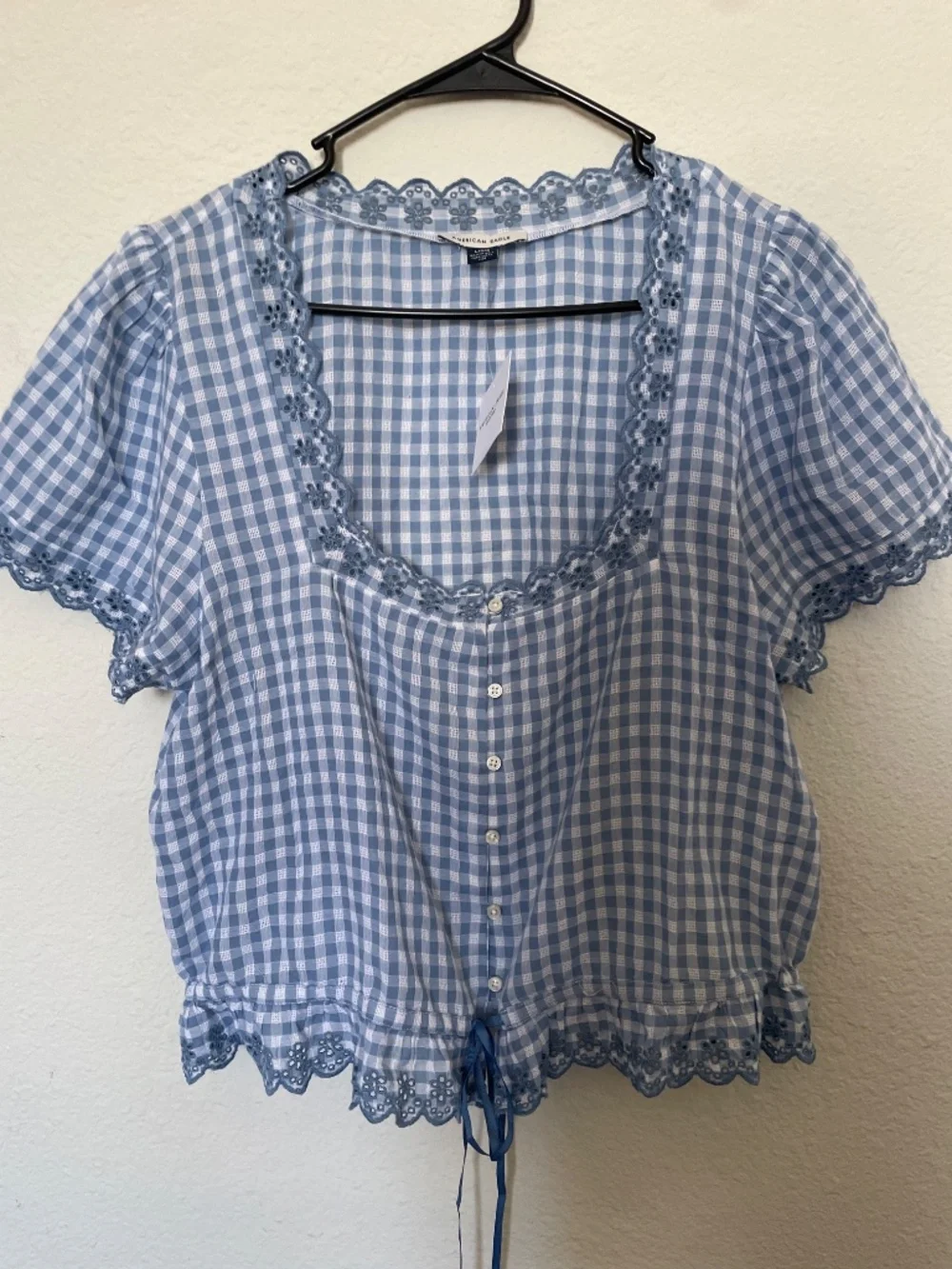 New with tags American eagle blue checkered button top embroidered size Large - Picture 5 of 5
